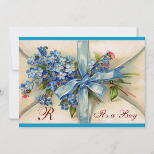 Invitation Baby shower FLORAL STORK BLUE BOW FLEURS MONOGRAM