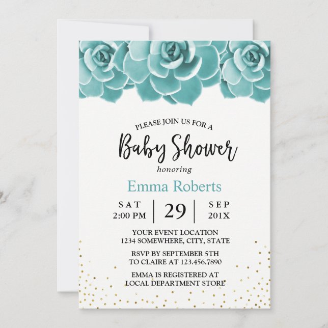 Invitation Baby shower Floral Succulent Rustique (Devant)