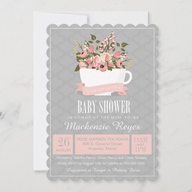 Invitation Baby shower Floral Teacup Invitation, Tea Party (Devant)