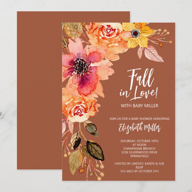 Invitation Baby shower Floral Terracotta (Devant / Derrière)