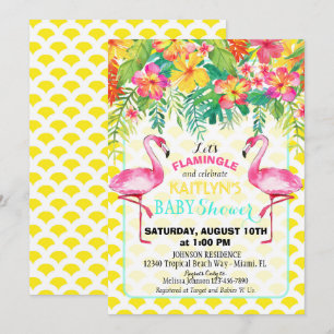Invitation Baby shower floral tropical de Flamant rose