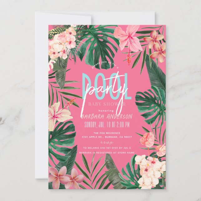 Invitation Baby shower floral tropical néon rose fille (Devant)