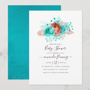 Invitation Baby shower floral turquoise et corail
