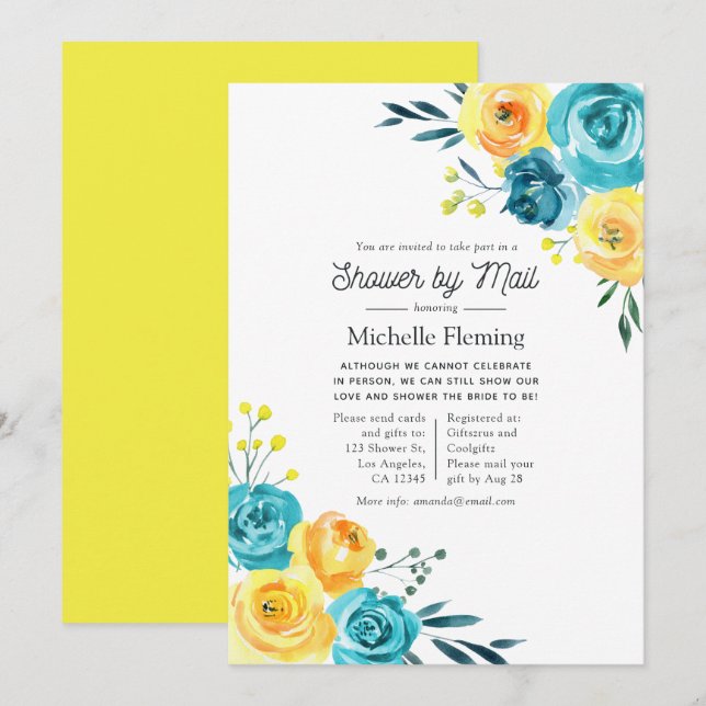Invitation Baby shower floral turquoise et jaune par courrier (Devant / Derrière)