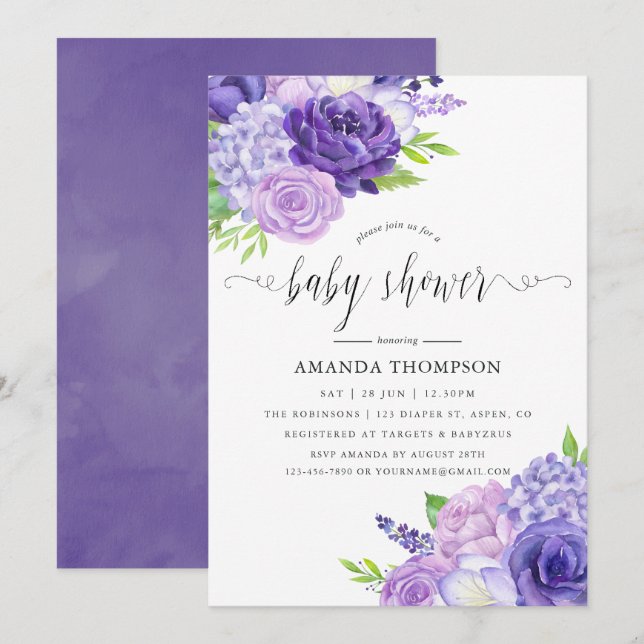 Invitation Baby shower Floral Ultra Violet (Devant / Derrière)