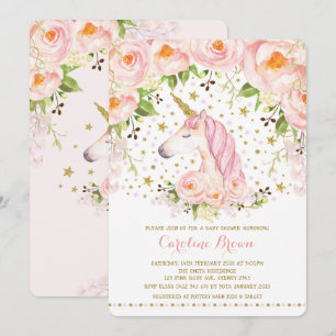 Invitation Baby shower floral Unicorn des Roses d'or rose pâl