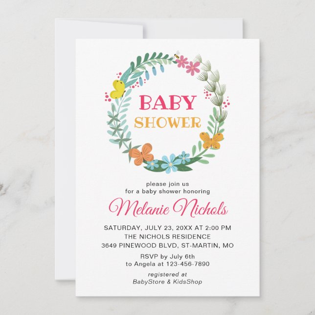Invitation Baby shower Floral verdure Wreath Butterfly Bee (Devant)