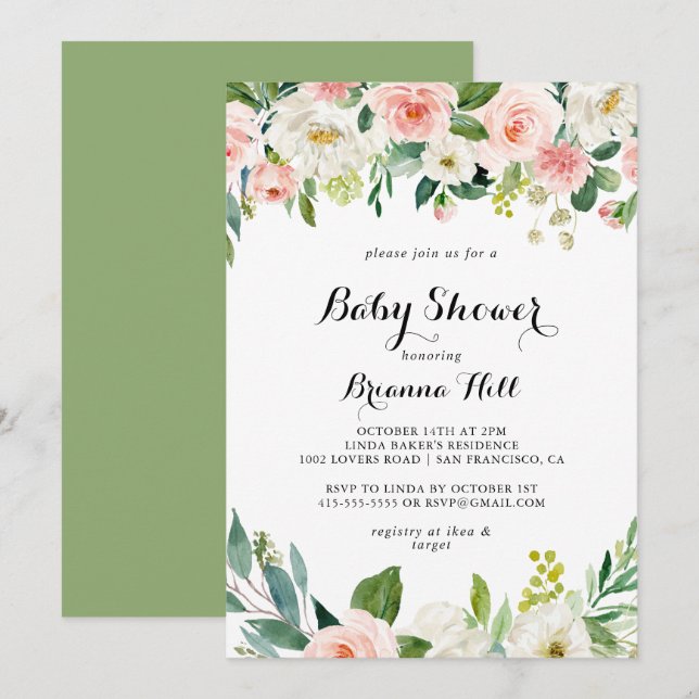 Invitation Baby shower Floral Vert Calligraphie (Devant / Derrière)
