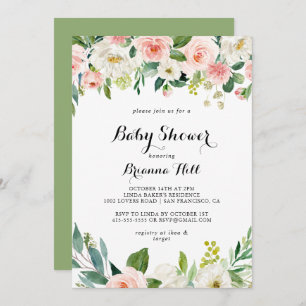 Invitation Baby shower Floral Vert Calligraphie