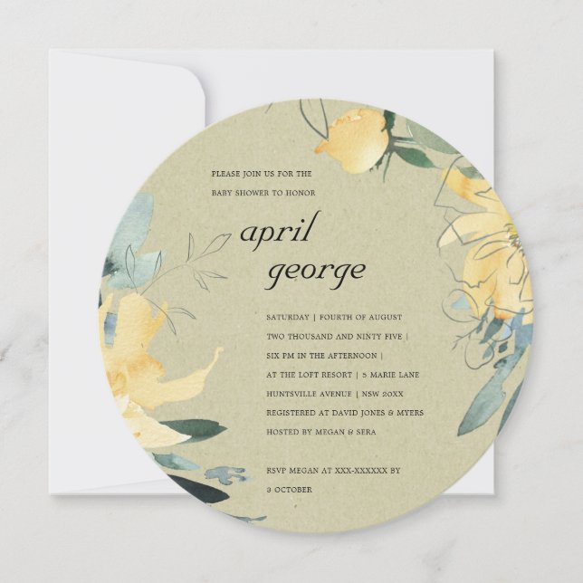 Invitation BABY SHOWER FLORAL VERT JAUNE KRAFT (Devant)