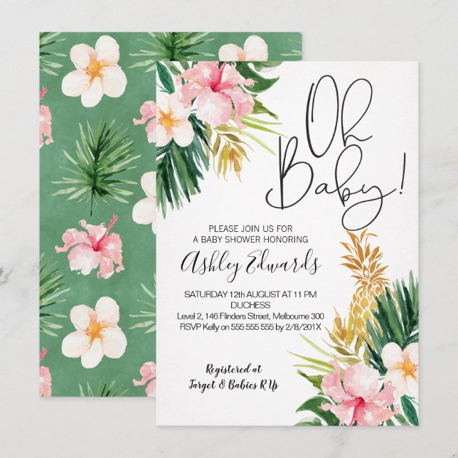 Invitation Baby shower floral vert rose (Devant / Derrière)