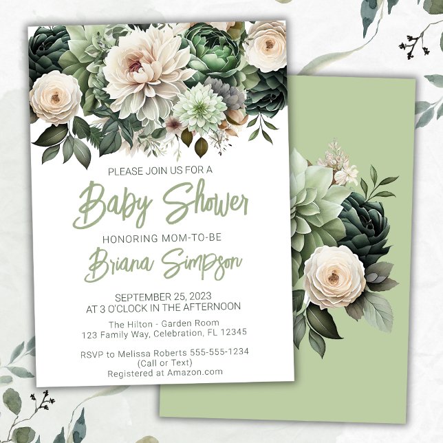 Invitation Baby shower floral vert Sage (Créateur téléchargé)