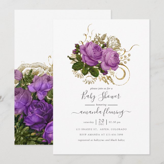 Invitation Baby shower Floral Vintage violet et or (Devant / Derrière)