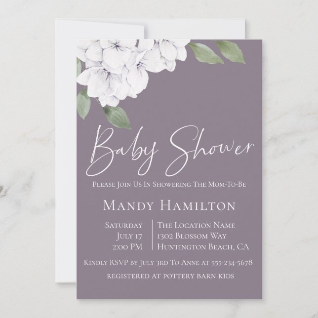 Invitation Baby shower Floral Violet élégant (Devant)