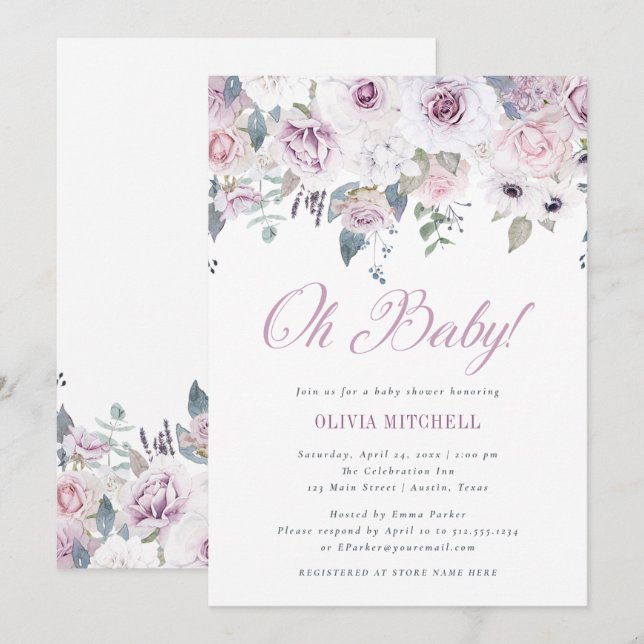 Invitation Baby shower Floral Violet | Mon bébé (Devant / Derrière)