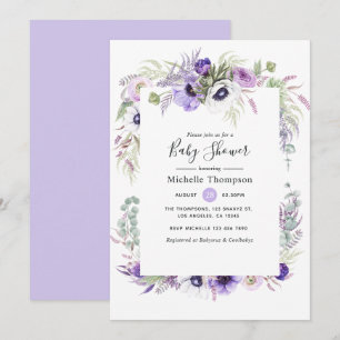Invitation Baby shower floral violet poussiéreux