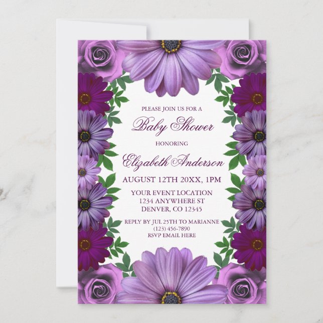Invitation Baby shower floral violet Regal (Devant)