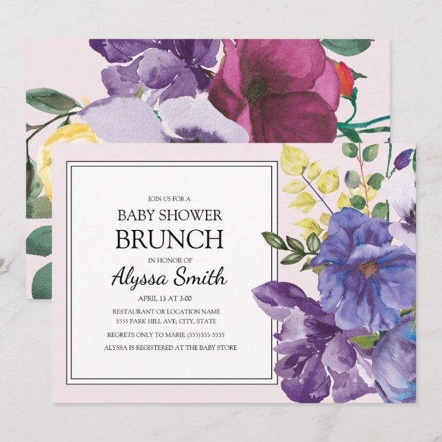 Invitation Baby shower Floral violet rose jaune Brunch (Devant / Derrière)