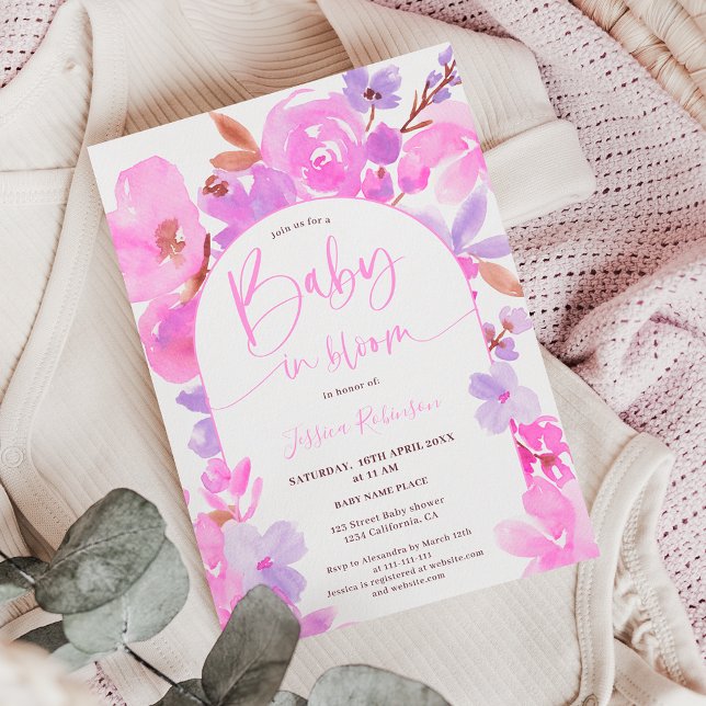 Invitation Baby shower floral violet rose vif (Créateur téléchargé)
