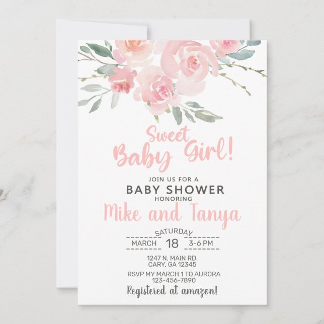Invitation baby shower florale fille, fleurs roses (Devant)