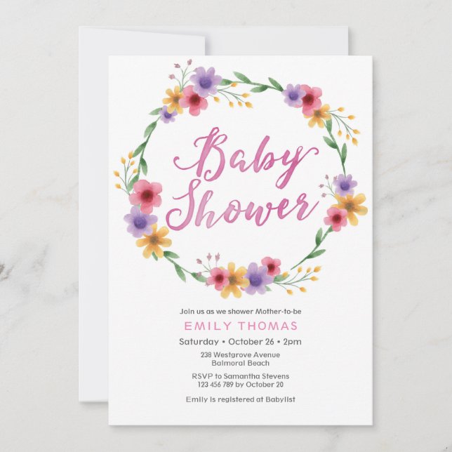 Invitation baby shower | flûtes d'aquarelle rose (Devant)