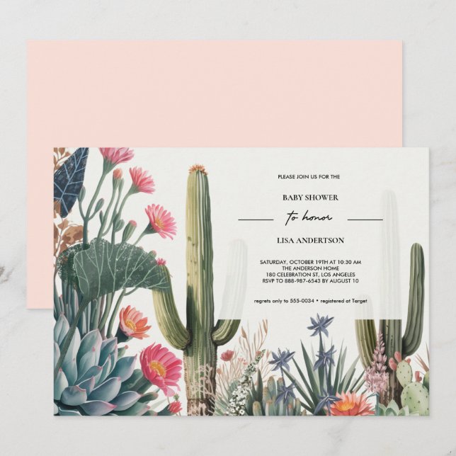 INVITATION BABY SHOWER FOLIAGE CACTUS (Devant / Derrière)
