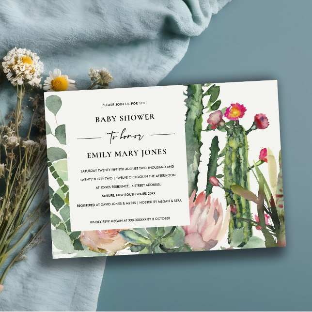 INVITATION BABY SHOWER FOLIAGE FLORAL CACTUS ROSE BLANC BOHO (Créateur téléchargé)