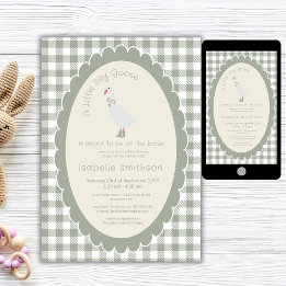 Invitation Baby-Shower « Folle Oie » à carreaux vert sauge