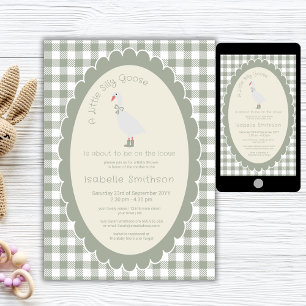 Invitation Baby-Shower « Folle Oie » à carreaux vert sauge 