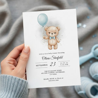 Invitation Baby Shower for Boy Blue Balloon, Teddy Bear & Bow