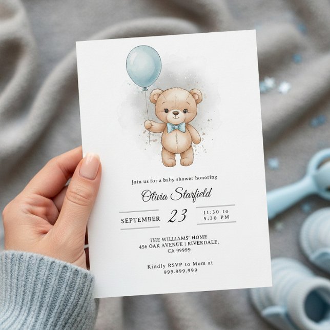Invitation Baby Shower for Boy Blue Balloon, Teddy Bear & Bow (Créateur téléchargé)