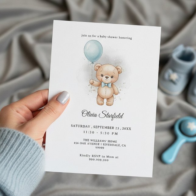 Invitation Baby Shower for Boy Blue Balloon, Teddy Bear & Bow (Créateur téléchargé)