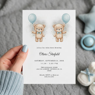 Invitation Baby Shower for Boy Blue Balloon, Teddy Bear & Bow