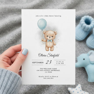 Invitation Baby Shower for Boy Blue Balloon, Teddy Bear & Bow