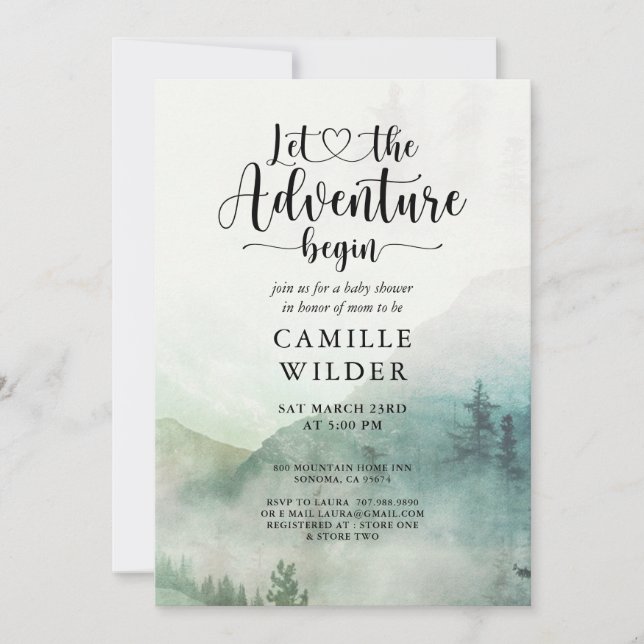 Invitation Baby shower Forest Mist Adventure Mountains (Devant)