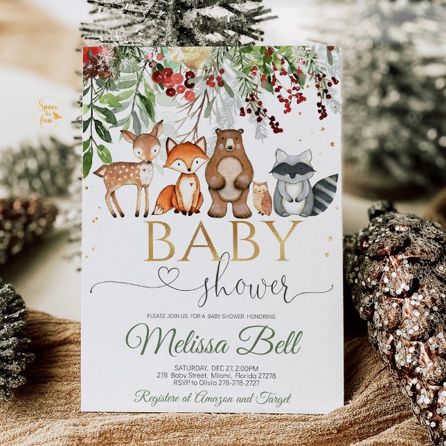 Invitation Baby shower forestier (Woodland Forest Animal Baby Shower invitation with cute forest creatures like deer, foxes, and bears)