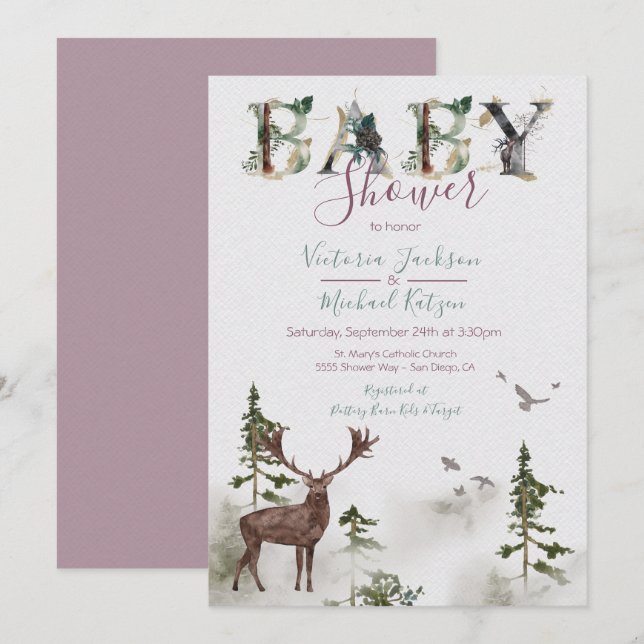 Invitation Baby shower forestier de l'aquarelle des bois (Devant / Derrière)