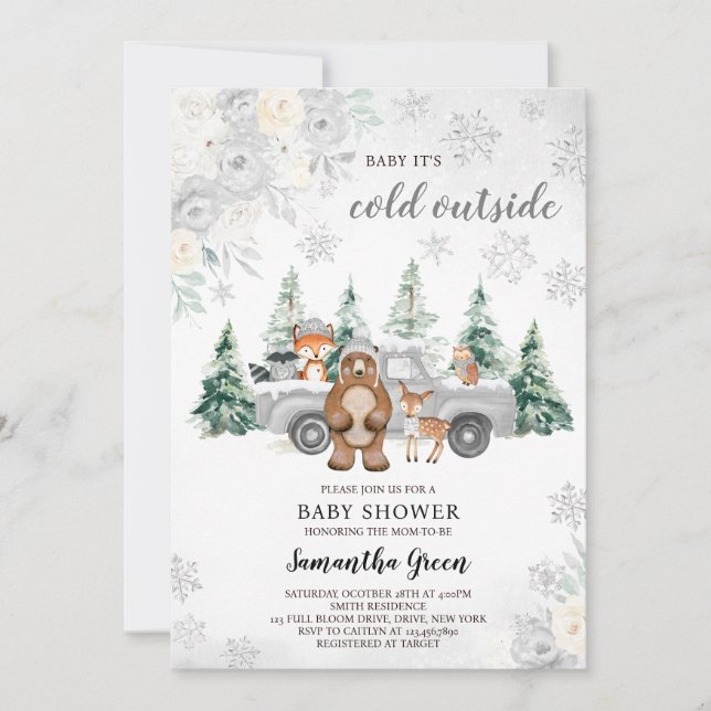 Invitation Baby shower forestier d'hiver Silver (Devant)