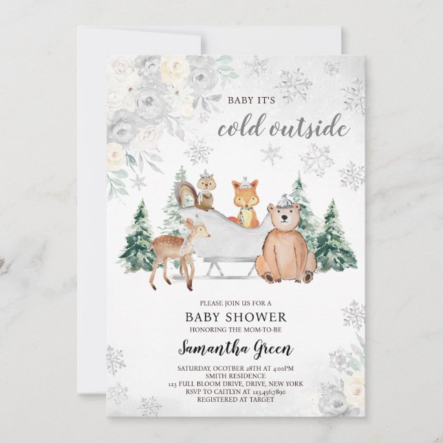 Invitation Baby shower forestier d'hiver Silver (Devant)