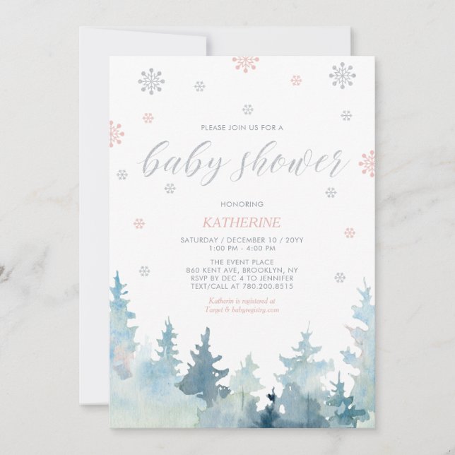 Invitation Baby shower forestier d'hiver Silver & Pink Snowfl (Devant)