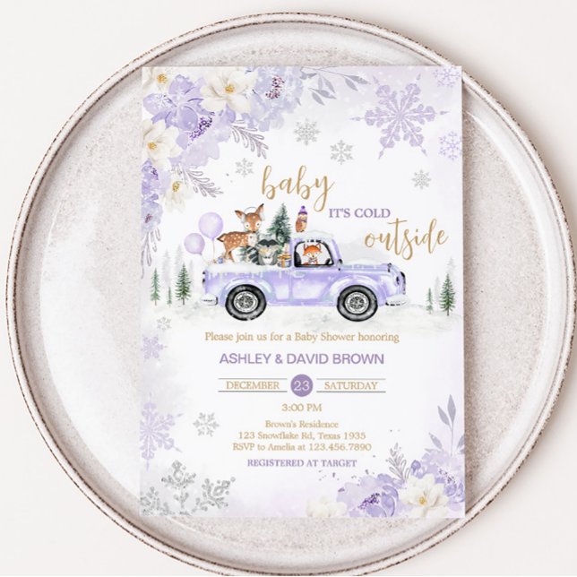 Invitation Baby shower forestier d'hiver violet (Girl Baby It's Cold Outside Baby Shower Invitation)