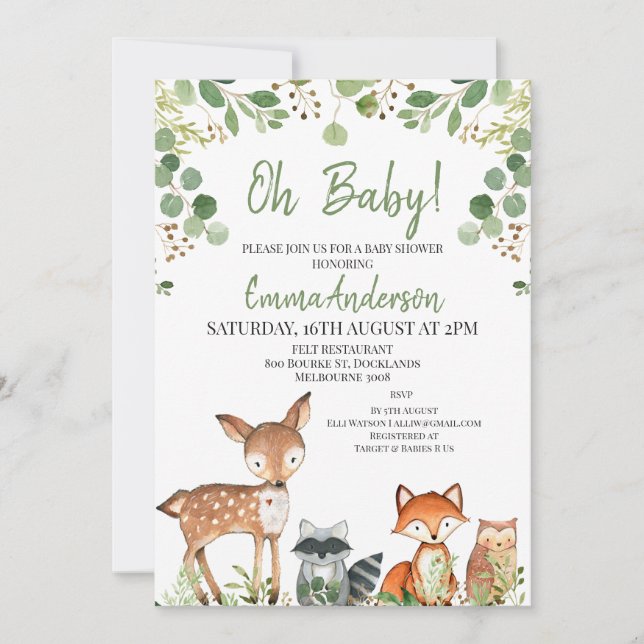 Invitation Baby shower forestier Eucalyptus neutre pour les f (Devant)