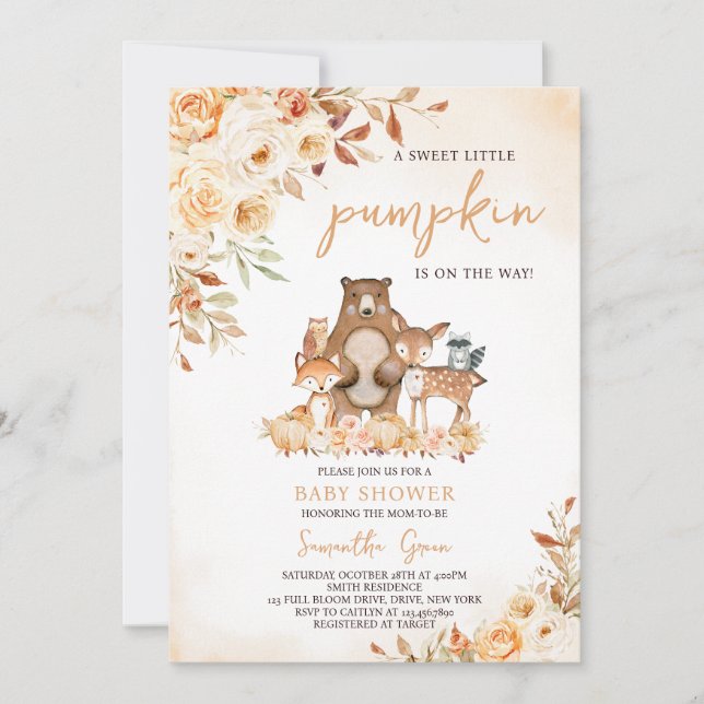 Invitation Baby shower forestier floral automne (Devant)