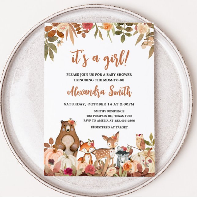 Invitation Baby shower forestier Floral Fall (Pumpkin Floral Woodland Animals Baby Shower)