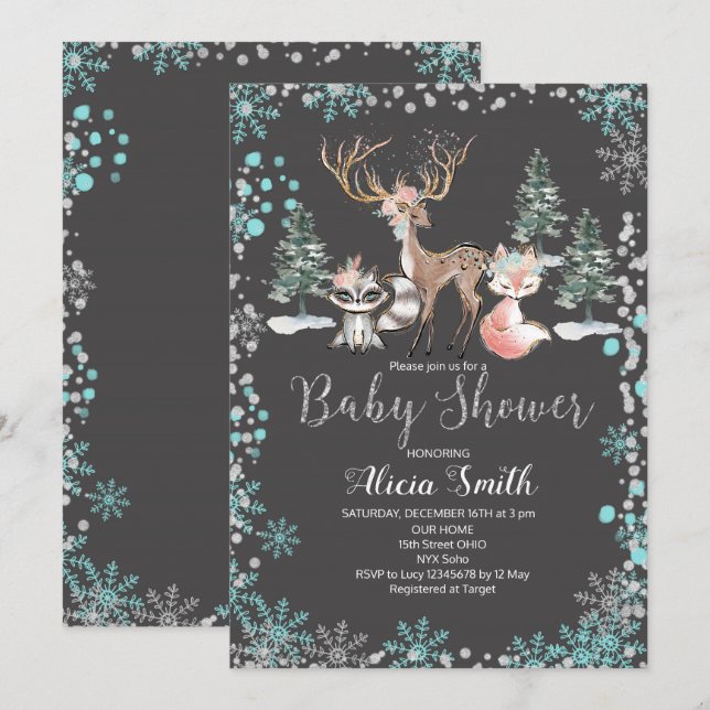 Invitation Baby shower forestier forestier d'hiver Mention d' (Devant / Derrière)