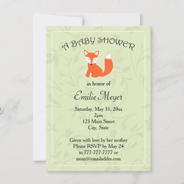 Invitation Baby shower forestier Green Floral Fox (Devant)