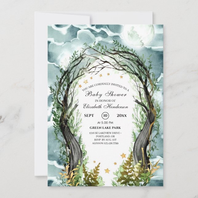Invitation Baby shower forestier magique modifiable (Devant)