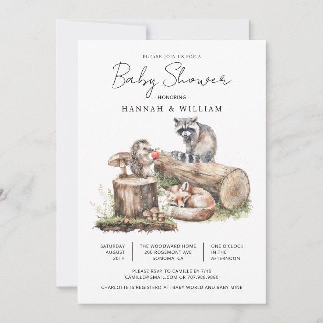 Invitation Baby shower forestier moderne Animaux forestiers (Devant)
