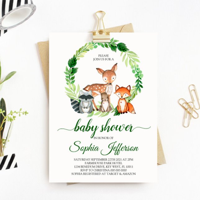 Invitation Baby shower forestier Neutre Forêt Animaux verts (Créateur téléchargé)