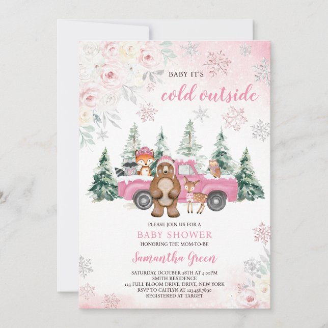 Invitation Baby shower forestier rose d'hiver (Devant)